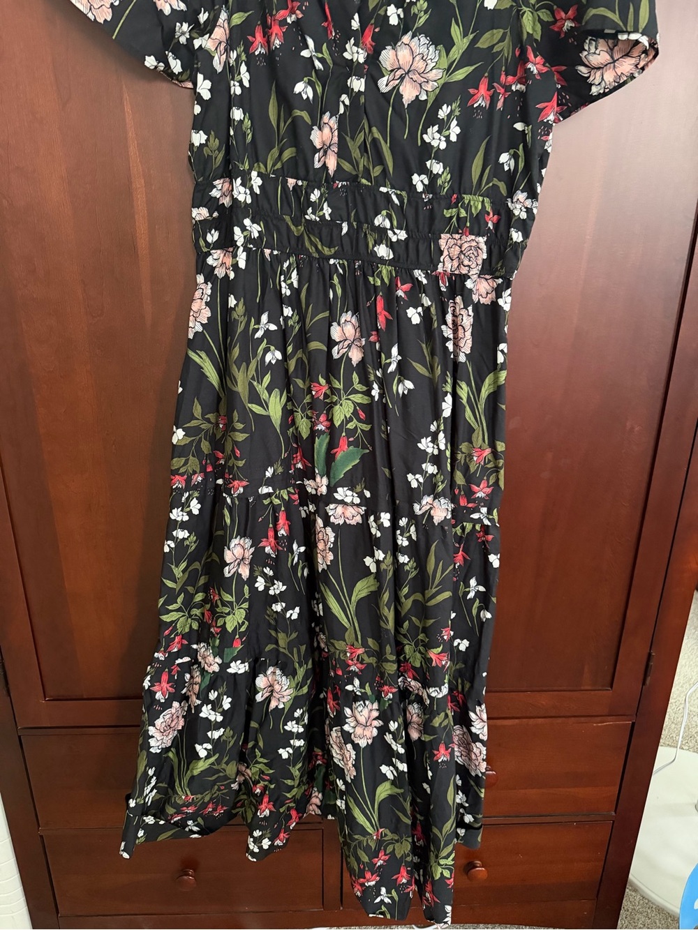Anthropologie Black Floral Tiered Maxi Dress with Green & Pink Print - Picture 4 of 5